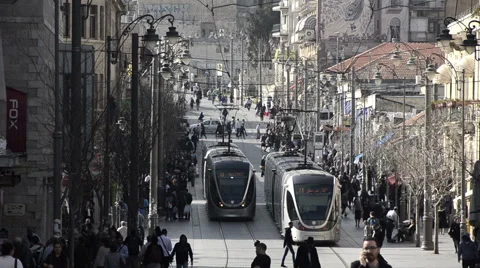Jerusalem trams, Jaffa street long shot, Israel Stock Footage 49905462