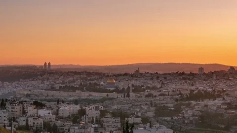 Jerusalem view over the City at sunset timelapse with the Dome of the Rock Video stock 101709350