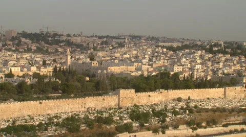 Jerusalem's Old City Wall, seen from the Mount of Olives Stock Footage 65021245