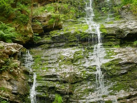 Jeseniky waterfalls forest Vysoky vodopad, aerial drone stream way through Stock Photos
