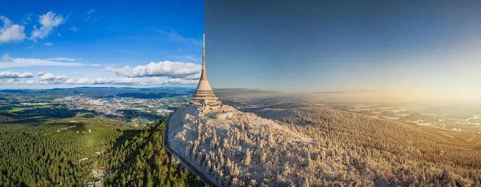 Jested mountain. Liberec, Czech Republic. Two seasons version Stock Photos