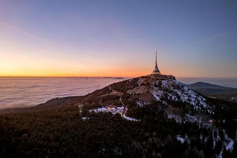 Jested Mountain with unique building on the summit. Liberec, Czech Republic. Stock Photos