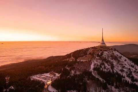 Jested Mountain with unique building on the summit. Liberec, Czech Republic. Stock Photos