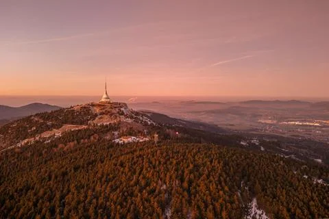 Jested Mountain with unique building on the summit. Liberec, Czech Republic. Stock Photos