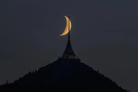 Jested tower, mountain near Liberec, with Moon Stock Photos