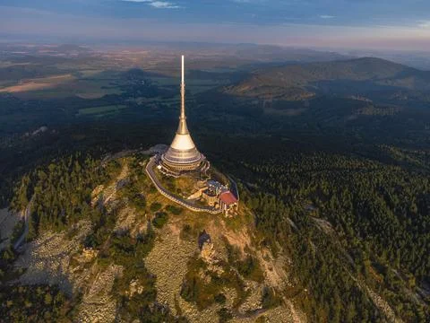 Jested Tower on Mountain Ridge at Sunset, Iconic Television Transmitter and L Stock Photos