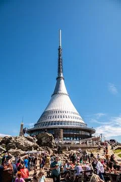 Jested tower on the top of Jested mountain, famous tourist attraction and T.. Stock Photos