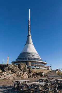 Jested, transmitter in a winter landscape, the transmitter on the hill. Stock Photos