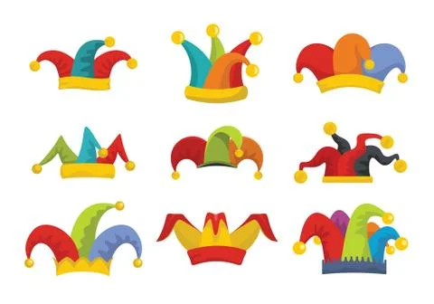 Jester fools hat icons set flat style Stock Illustration