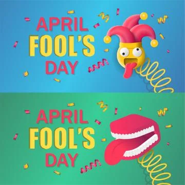 Jester in joker hat and false tooth with tongue toy for april fool's day holiday 스톡 일러스트