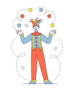 Jester perform concept. Man in bright clothes and clown mask juggles balls. Clow Stock Illustration