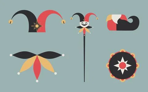 Jester staff elements in flat design. Jesters hat, collar, wand, shoe Stock Illustration