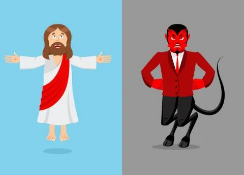 Jesus and devil. Christ and Satan. Son of God and demon Lucifer. Holy man and Stock Illustration