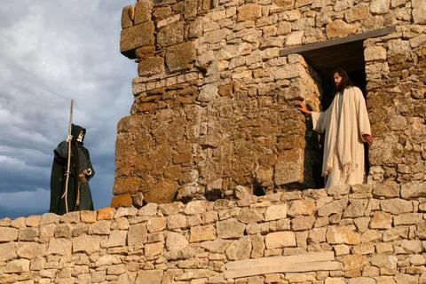 Jesus and Devil on the fortress of Jerusalem Stock Photos