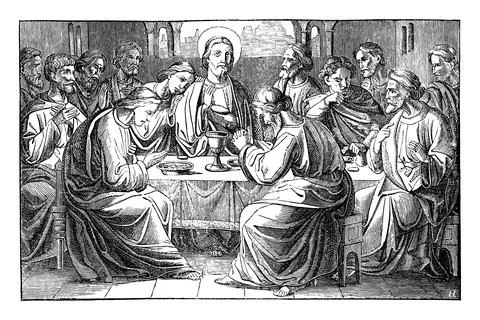 Jesus and the Last Supper. Twelve Disciples or Apostles are Eating Final Meat Stock Illustration