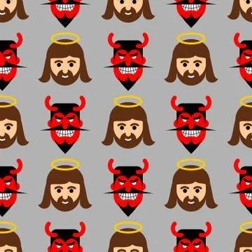 Jesus and Satan seamless pattern. Christ and red devil with horns ornament. S Stock Illustration