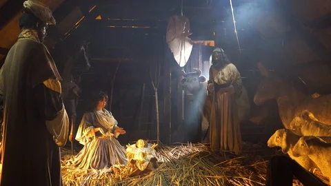 Jesus Christ Birth In Stable Christmas Scene Stock Footage
