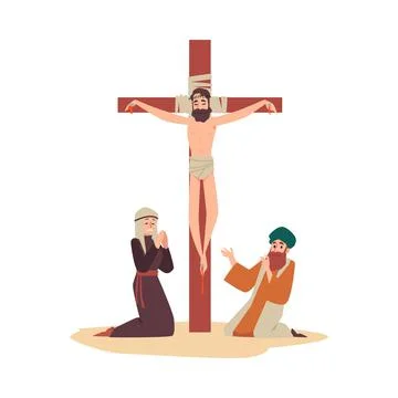 Jesus Christ crucifixion, flat vector illustration isolated on white background. Illustrazione stock
