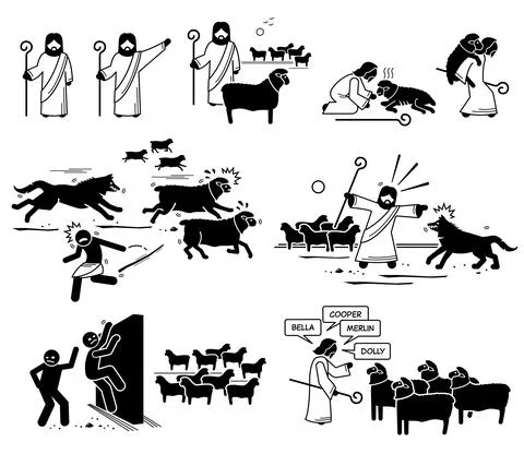 Jesus Christ The Good Shepherd. Vector illustrations depict Jesus Christ resc Stock-Illustration