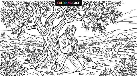 Jesus Christ Praying Under a Tree Coloring Page. Stock Illustration