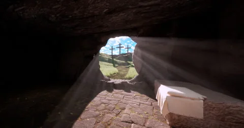 Jesus Christ resurrection and three crosses on the hill from inside the grave Stock Footage 245752525