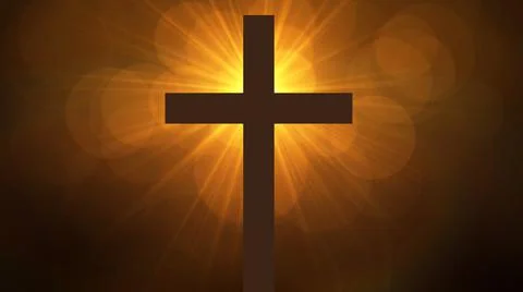 Jesus Christ risen. Cross surrounded by sun rays. Dramatic background. Easter Stock Illustration