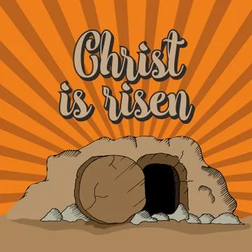 Jesus Christ is risen. An empty tomb and a fallen stone Stock Illustration