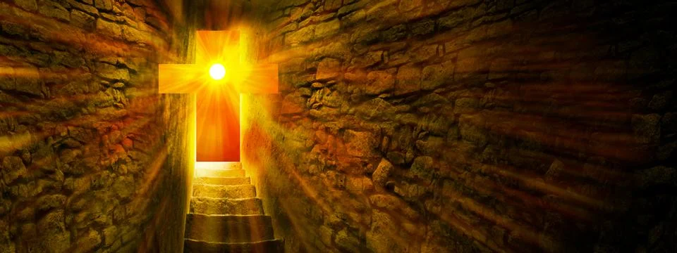 Jesus Christ is Risen. Exit from the cave in the form of cross. Bright sun an Stock Illustration