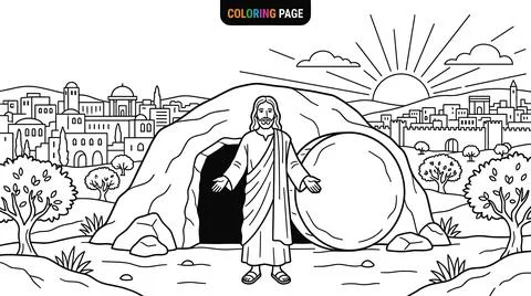 Jesus Christ Risen from the Tomb Coloring Page Illustration. Stock Illustration