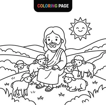 Jesus Christ Sitting with Sheep Coloring Page for Children. Stock Illustration