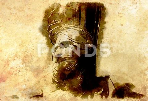 Jesus on the cross, avanrgard interpretation with graphic stylization. Sepia Stock Illustration