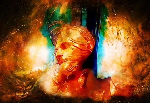 Jesus on the cross in cosmic space. Fire effect. Illustration