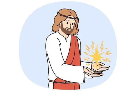 Jesus demonstrates miracle after second coming, dressed in crown of thorns and Stock Illustration