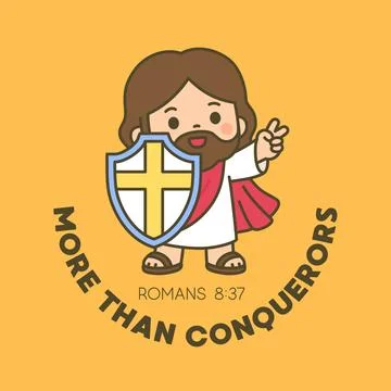 Jesus Holding Shield with More Than Conquerors and Romans 8:37 Verse on Yel.. Stock Illustration