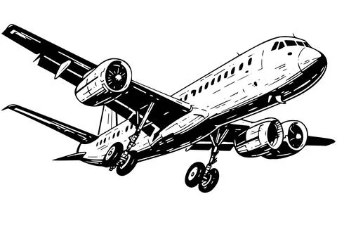 Jet airplane flight in air vector sketch. Travel airline vintage illustration. Stock Illustration