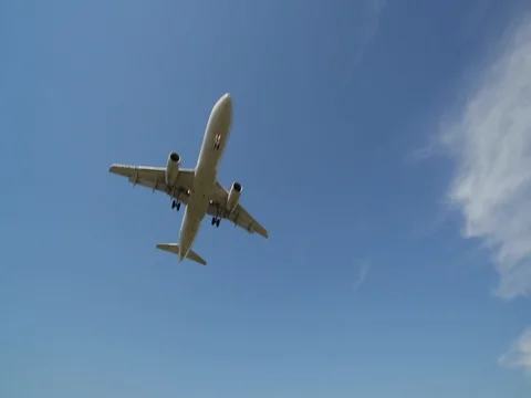 Jet airplane flying over head in blue sky Stock Footage 76964635