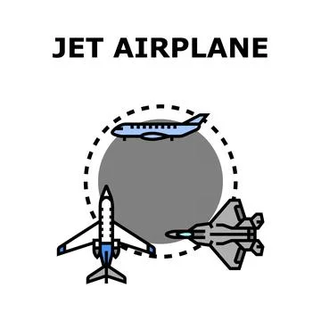Jet airplane types including passenger private and fighter aircraft Stock Illustration