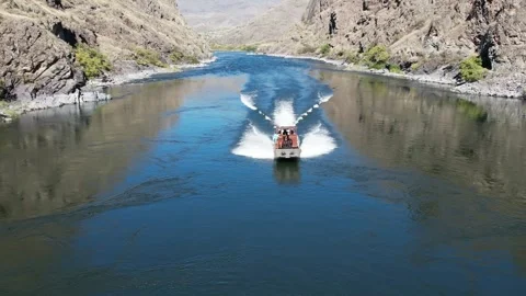 Jet Boat Snake River Hells Canyon Aerial Idaho Adventure Recreation Drone Stock Footage 335484996