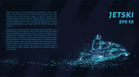 Jet is composed of pixels. Particles in the form of a jetski on a dark backgr Stock Illustration