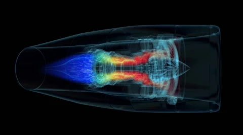 Jet engine 3D x-ray blue transparent isolated on black with temperature ramp Stock Footage