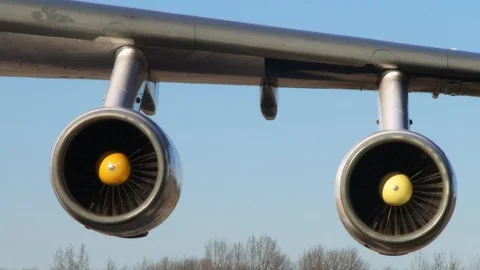Jet engine of an airliner plane still in function rotating while the plane is Video stock 124651613