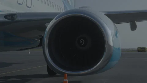 Jet engine of airplane close up. Spinning jet engine. Turbine of aircraft is Stock Footage 262224842