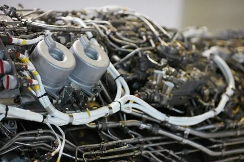 Jet engine. airplane engine side view close up Stock Photos