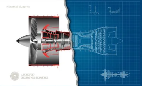 Jet engine of airplane in outline style. Industrial blueprint. Part of aircraft Stock Illustration