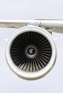 Jet engine on the airplane wing. Close-up frontal view of the jet engine a... 库存照片
