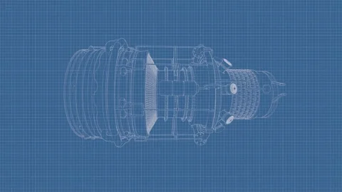 Jet Engine Blueprint: 3D Wireframe Rotating Turbine Animation Stock Footage 329485590