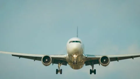Jet engine close up. Passenger airplane approaching runway with symmetrical Stock Footage 340553928