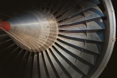 Jet Engine Fan Section Close-Up, Aerodynamic Design Stock Photos
