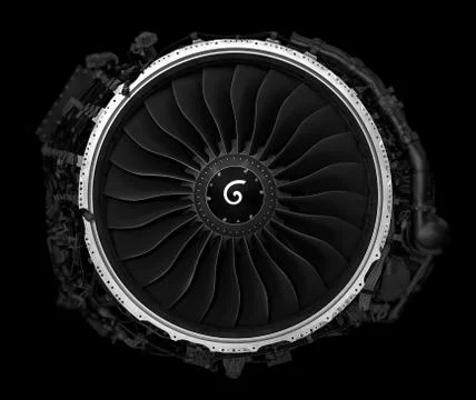 Jet engine front view isolated on black background. Close up of airplane engi Stock Photos