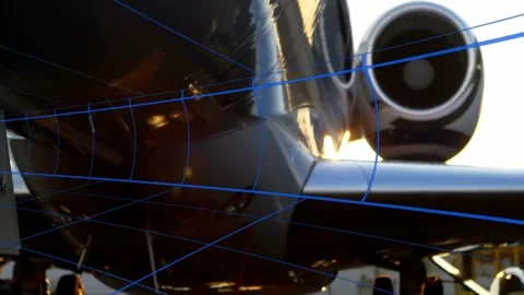 Jet engine intake and wing root showing blue grid overlay, turbine blades Video stock 327008835